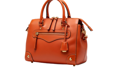 A sleek, orange leather satchel with dual handles, multiple compartments, and golden accents