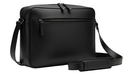 A sleek, black, rectangular messenger bag with a shoulder strap, on a black background