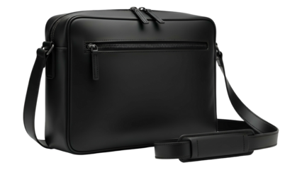 A sleek, black, rectangular messenger bag with a shoulder strap, on a black background