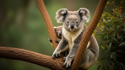 Koala bear climbing tree in forest habitat cute australian animal