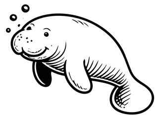 Fototapeta premium Hand drawn line art illustration of a manatee depicting a friendly marine animal swimming with bubbles for ocean and aquatic themes