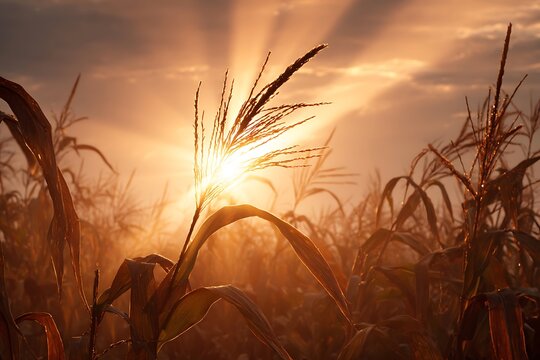 Brilliant sunlight streams through tall maize stalks in a warm field at dawn or dusk