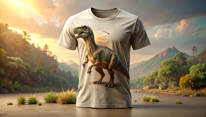 A modern white t-shirt featuring a 3D dinosaur design on the front, against a serene landscape background with mountains and trees