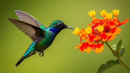 Fototapeta premium Vibrant hummingbird sips nectar from colorful flowers in flight animal wonder