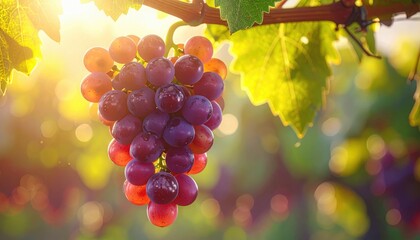 Large cluster of ripe purple and red grapes hanging from vine with green leaves under warm glowing sunlight in vineyard