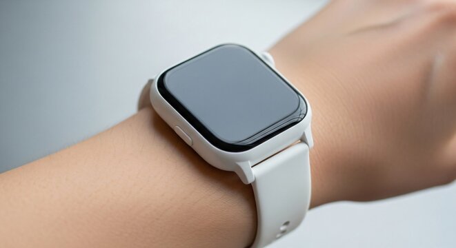 Closeup of a modern white smartwatch with a blank screen worn on a persons wrist, showcasing wearable technology and digital convenience - Powered by Adobe