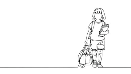 Continuous Line Drawing of a Young Girl Carrying a Backpack and Books, Ready for School