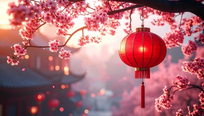 Red Lantern Hanging from Cherry Blossom Tree.