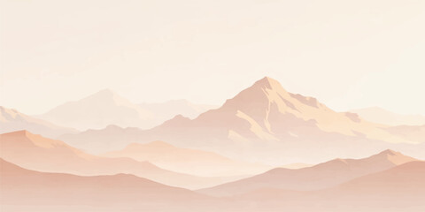 Panoramic mountain range landscape at sunrise with morning mist and fog veiling the peaks and valley under a glowing sky © MDNUR