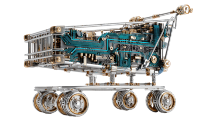 Futuristic digital shopping cart representing e-commerce technology, online retail innovation, and digital shopping experience isolated on white background