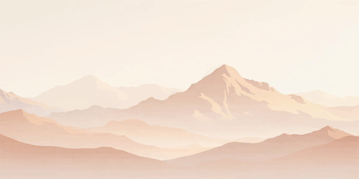 Panoramic mountain range landscape at sunrise with peaks rising through morning mist and clouds against a glowing horizon sky
