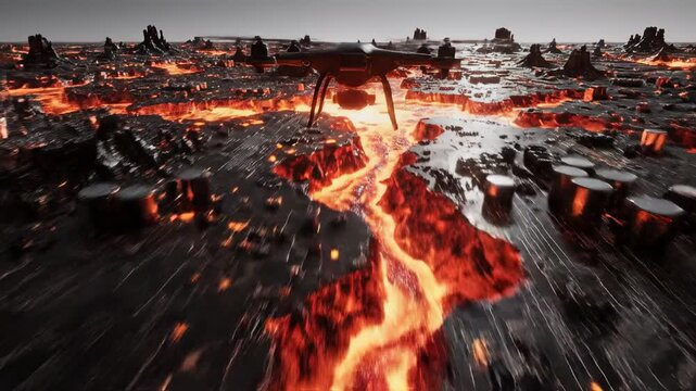Abstract aerial drone view simulation flying over a digital circuit board landscape flooded with molten, glowing orange and red energy streams like flowing lava abstract, glowing, metal
