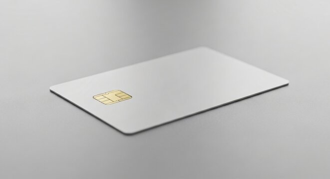 A blank white credit card with a golden emv chip lies on a light grey surface, symbolizing modern financial transactions and secure payments - Powered by Adobe
