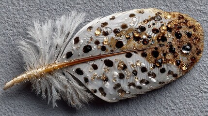 White feather with black spots on textured grey background