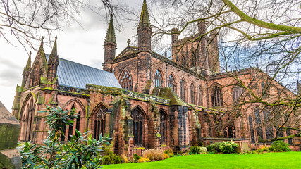 A side view towards the cathedral in the city of Chester, Cheshire, UK