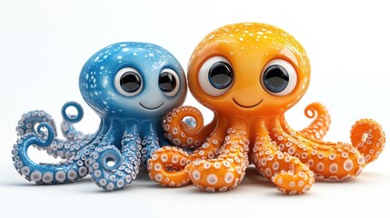 Two adorable cartoon octopuses with big eyes and smiling faces sit side by side, one orange with red spots and the other peach‑colored with lighter shading.