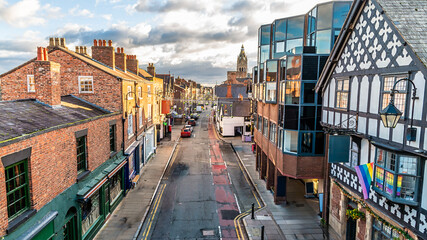 An elevated view down Northgate Street in the city of Chester, Cheshire, UK