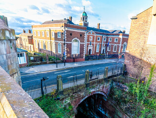 A view from the city walls over the Shropshire Union Canal towards Northgate Street in the city of Chester, Cheshire, UK