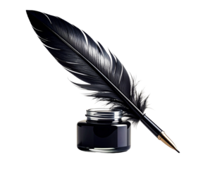 Classic black quill and ink pot, historical handwriting and literature concept