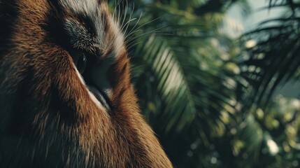 Close-up texture of a wild tiger's natural fur pattern with blurred green foliage background