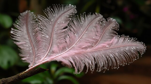 Delicate pink flamingo feather barbules display soft, airy texture with subtle water droplets