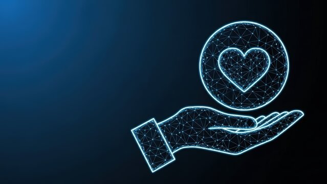 A stylized neon hand offers a glowing heart shaped coin symbolizing charity and support in a digital network on a dark blue background