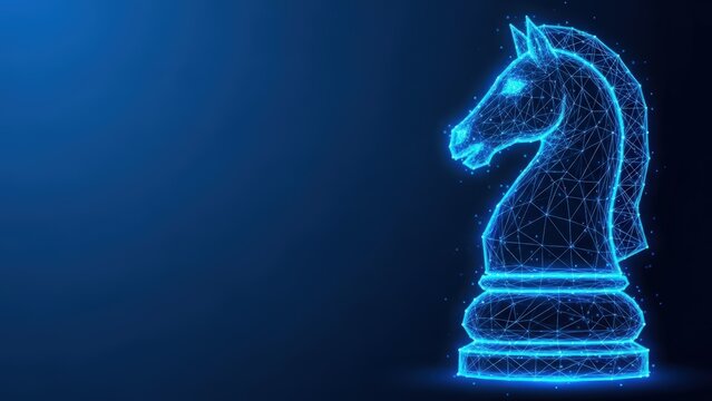 Abstract blue digital chess knight made of glowing polygons on a dark background representing strategy and games