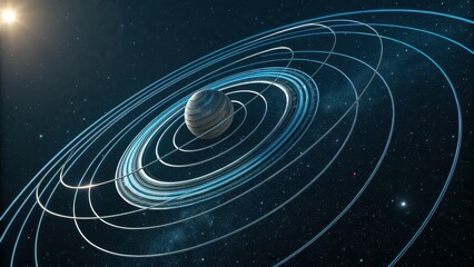 Obraz premium Futuristic space art with planet and dynamic rings, cosmic digital illustration of orbit and stars for science fiction, astronomy content, tech presentations, or space-themed visuals