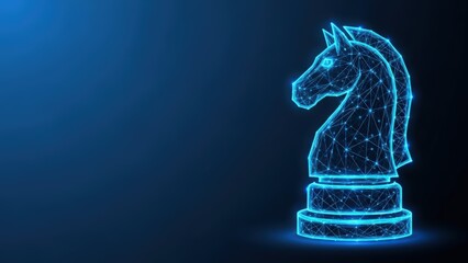 Naklejka premium Abstract digital representation of a glowing blue chess knight piece on a dark background
