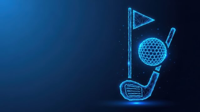 Abstract digital representation of golf equipment including a club ball and flag on a blue background