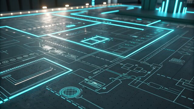 Futuristic blueprint interface with glowing lines and digital layout, high-tech architectural floor plan for smart city concepts, VR environments, tech interfaces, or UI design