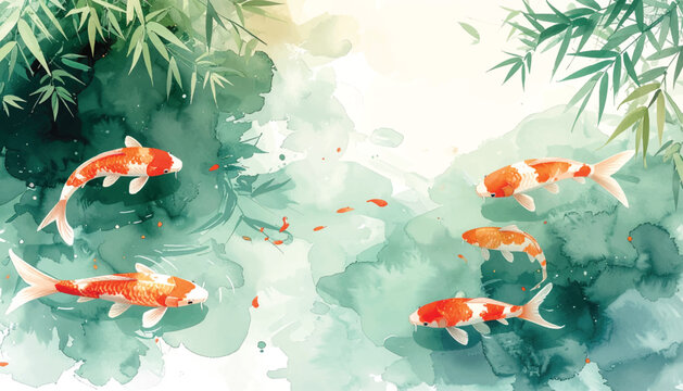 Koi watercolor pond backdrop for wellness packaging design. Dreamy fish illustration ideal for spa brand headers. Soft aquatic art scene perfect for calming app screens