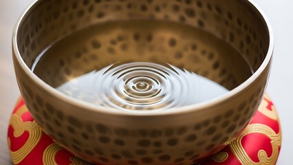Close-up shot of a Tibetan singing bowl with rippling water, creating a meditative and calming visual effect