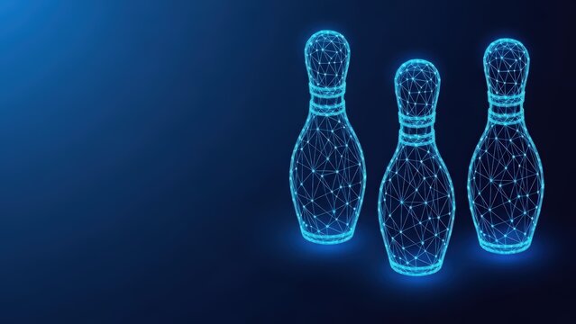 Digital bowling pins illuminated with glowing blue wireframe technology against a dark abstract background representing a futuristic game or sport