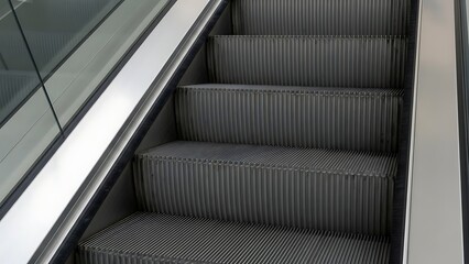Close-up view of a modern, metallic escalator, showcasing its stepped design and practical function for vertical movement