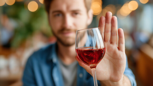 Faceless man refuse to drink alcohol, saying no to friend visualization, substance abstinence concept, responsible decision representation, peer pressure resistance aesthetic, with