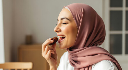 Smiling Muslim Woman Enjoying Date Fruit, Healthy Lifestyle for Ramadan or Festive Occasions, Dietary Nutrition, Wellness