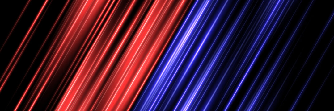 Neon light background with diagonal glowing lines in blue and red colors. Futuristic abstract laser beam pattern on dark. Dynamic motion energy pattern. Modern vector illustration.