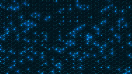 Honeycomb neon background. Glowing blue hexagonal grid pattern creates modern tech texture on dark surface. Futuristic digital vector illustration in luminous geometric style.