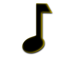 Minimal black musical note symbol glowing with golden outline on transparent background.