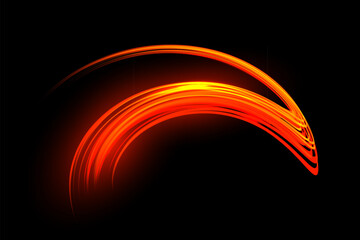 Light speed curve trail. Dynamic curved streaks of glowing red and orange light on dark background create fast motion effect. Smooth bright lines form energetic shape. Abstract vector illustration.