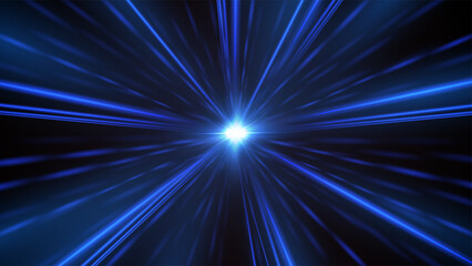 Light burst background with glowing rays and speed lines. Blue energy beams create dynamic motion effect on dark with bright neon flare and magical shine. Abstract vector illustration.