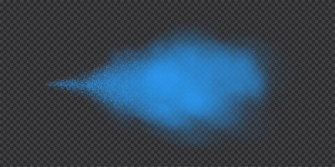 Spray splatter texture background. Blue droplets spreading outward into dispersed dots with smoke cloud on transparent backdrop. Dynamic aerosol flow. Minimal abstract vector illustration.
