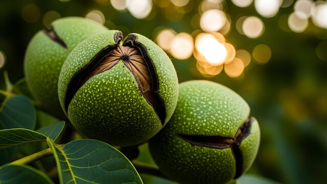 Close-up of fresh green walnuts ripening on a tree branch with beautiful golden sunlight bokeh in nature.