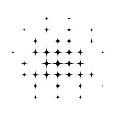 Black star halftone pattern. Abstract burst of glowing sparkle shapes on white background. Retro dotted star cluster design for comics, pop art, or decorative effects. Vector illustration.