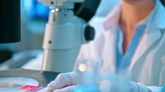 A scientist in a lab coat and gloves examines a test strip under a microscope in a lab, highlighting medical research and diagnostics. Precision and analysis underscore the critical role of lab work.