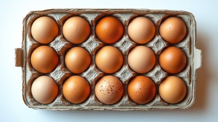 A carton holding 15 brown‑shaded eggs with varying speckles, arranged in three rows of five in a molded paper tray.