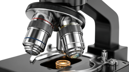 3d microscope background with emphasis on lens details isolated on a Transparent background, PNG file.