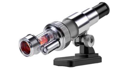 3d microscope showing eyepiece and objective lens isolated on a Transparent background, PNG file.