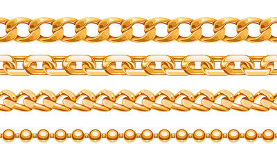 Beautiful shiny gold chains set - necklace or bracelet on white background. Jewelry golden vector illustration